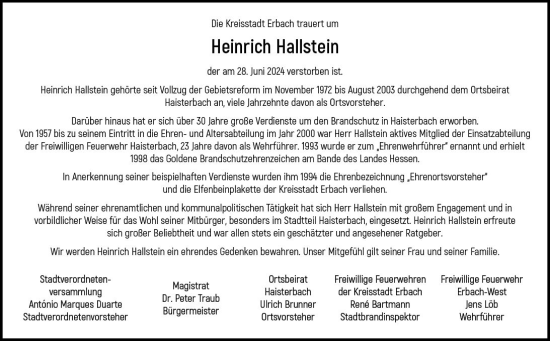 Traueranzeige von Heinrich Hallstein von Odenwälder Echo