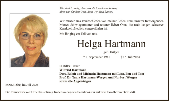 Traueranzeige von Helga Hartmann von Nassauische Neue Presse