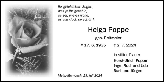 Traueranzeige von Helga Poppe von Allgemeine Zeitung Mainz