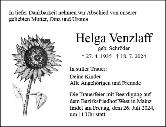 Traueranzeige von Helga Venzlaff von Allgemeine Zeitung Mainz