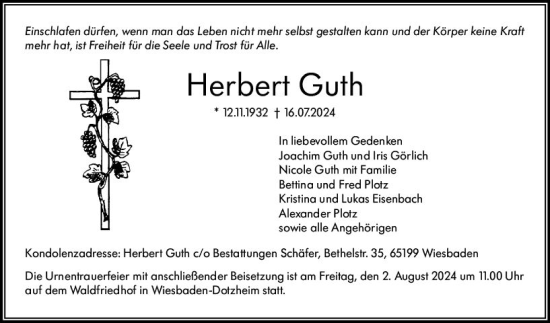 Traueranzeige von Herbert Guth von Wiesbadener Kurier