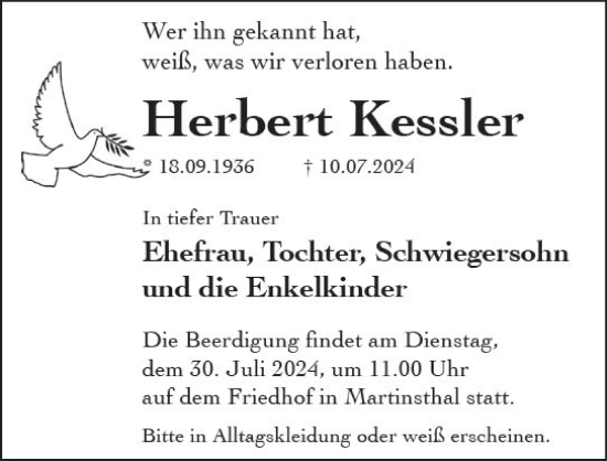 Traueranzeige von Herbert Kessler von Rheingau Kurier