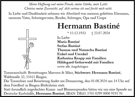 Traueranzeige von Hermann Bastiné von Allgemeine Zeitung Rheinhessen-Nahe