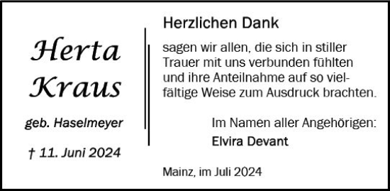 Traueranzeige von Herta Kraus von Allgemeine Zeitung Mainz