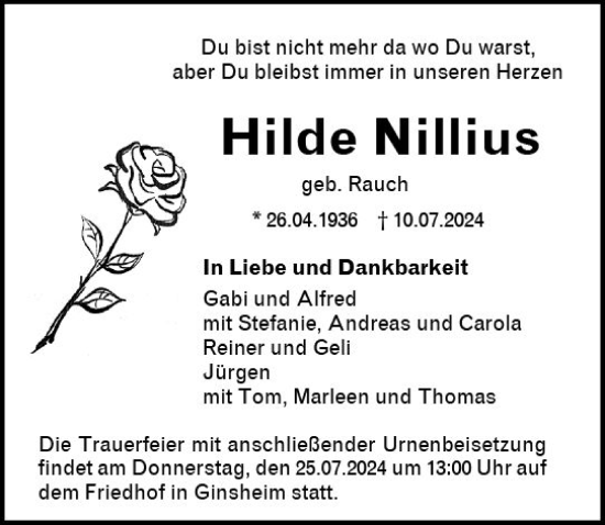 Traueranzeige von Hilde Nillius von Allgemeine Zeitung Mainz
