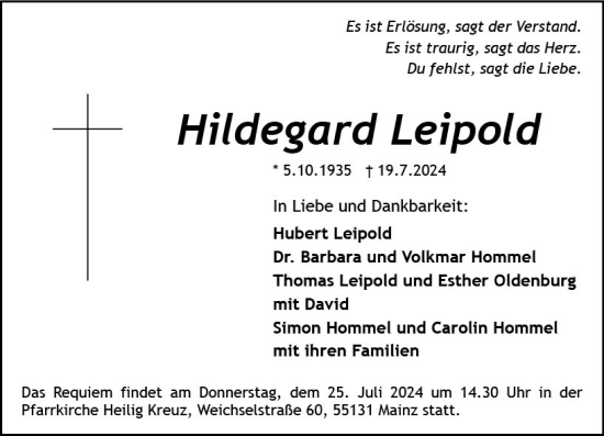 Traueranzeige von Hildegard Leipold von Allgemeine Zeitung Mainz