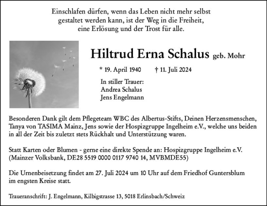 Traueranzeige von Hiltrud Erna Schalus von Allgemeine Zeitung Mainz