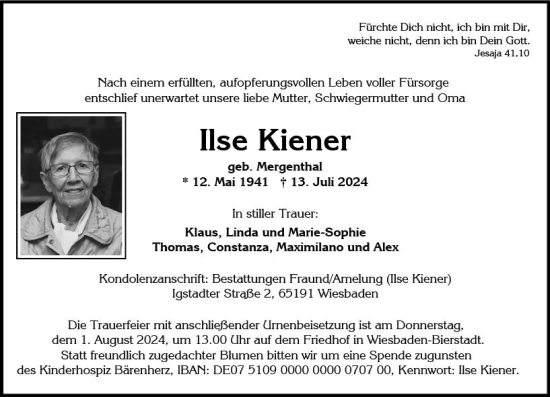 Traueranzeige von Ilse Kiener von Wiesbadener Kurier