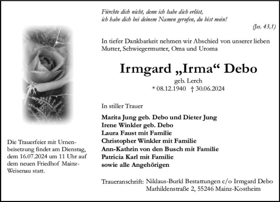 Traueranzeige von Irmgard Debo von Allgemeine Zeitung Mainz