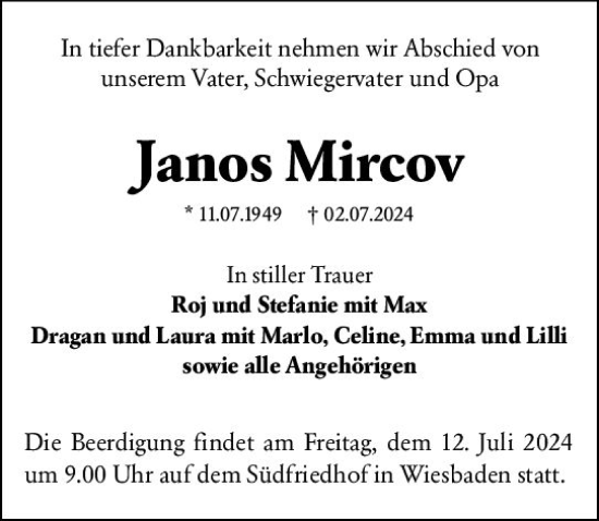 Traueranzeige von Janos Mircov von Wiesbadener Kurier