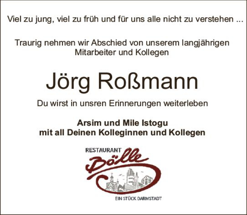  Traueranzeige für Jörg Roßmann vom 06.07.2024 aus Darmstädter Echo