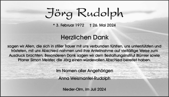 Traueranzeige von Jörg Rudolph von Allgemeine Zeitung Mainz