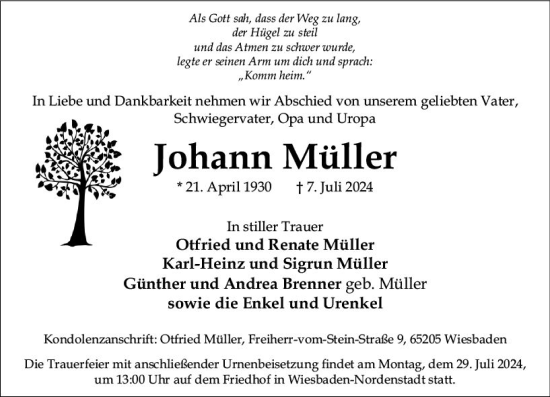Traueranzeige von Johann Müller von Wiesbadener Kurier