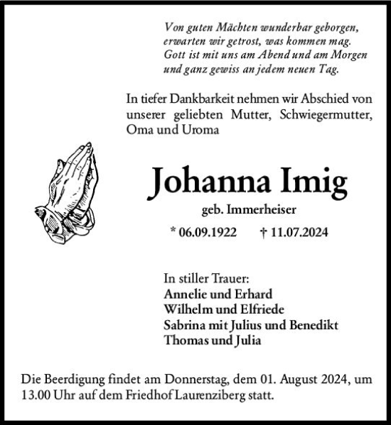 Traueranzeige von Johanna Imig von Allgemeine Zeitung Rheinhessen-Nahe