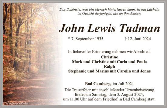 Traueranzeige von John Lewis Tudman von Camberger Anzeiger