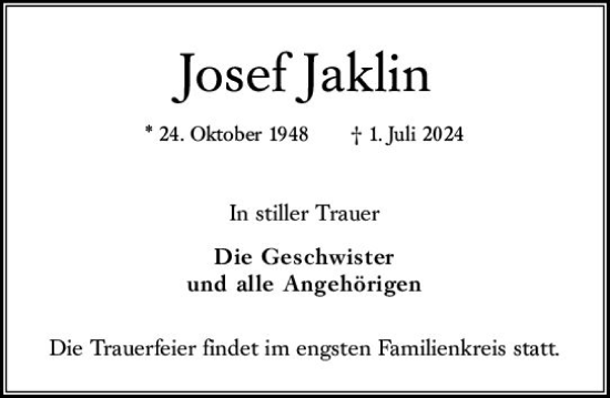 Traueranzeige von Josef Jaklin von Wiesbadener Kurier