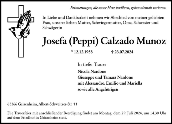 Traueranzeige von Josefa Calzado Munoz von Rheingau Kurier