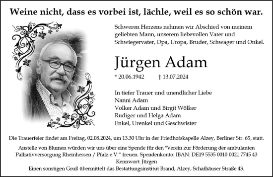 Traueranzeige von Jürgen Adam von Allgemeine Zeitung Alzey
