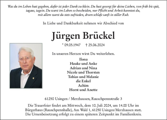 Traueranzeige von Jürgen Brückel von Weilburger Tageblatt