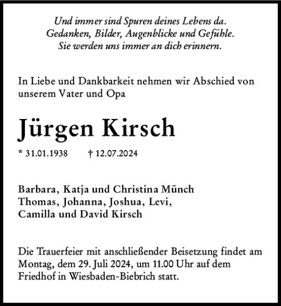 Traueranzeige von Jürgen Kirsch von Wiesbadener Kurier