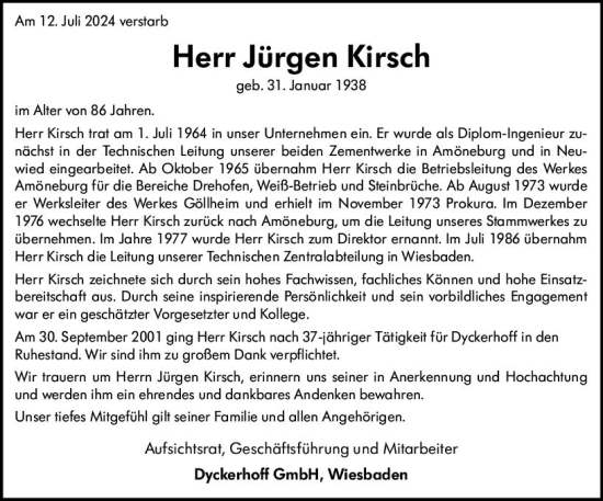 Traueranzeige von Jürgen Kirsch von Wiesbadener Kurier