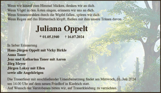 Traueranzeige von Juliana Oppelt von Wiesbadener Kurier