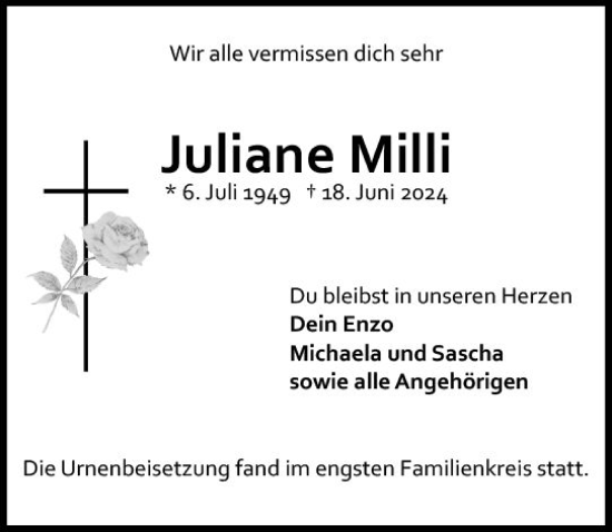 Traueranzeige von Juliane Milli von Allgemeine Zeitung Mainz