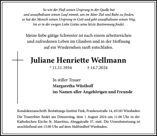 Traueranzeige von Juliane Wellmann von Wiesbadener Kurier