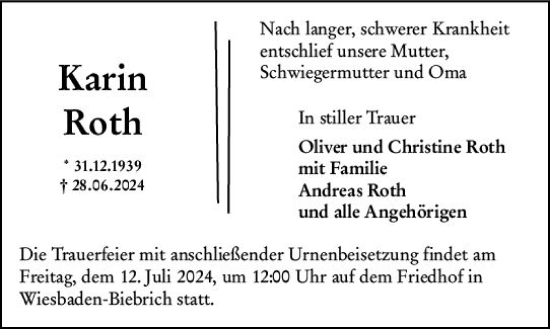 Traueranzeige von Karin Roth von Wiesbadener Kurier