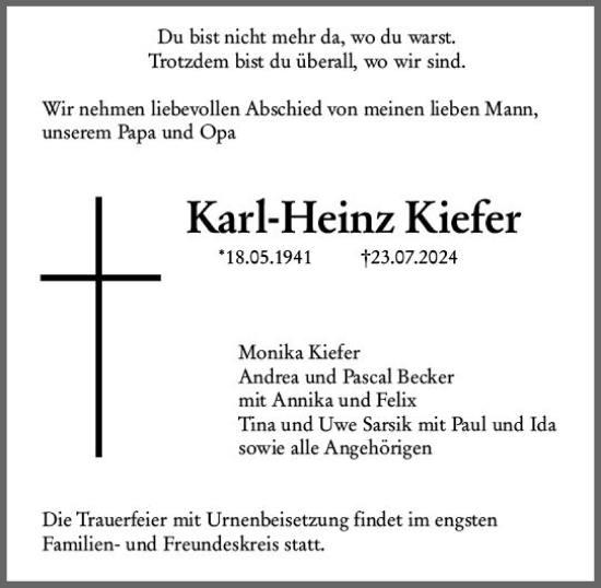 Traueranzeige von Karl-Heinz Kiefer von Allgemeine Zeitung Mainz