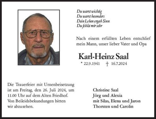 Traueranzeige von Karl-Heinz Saal von Hochheimer Zeitung