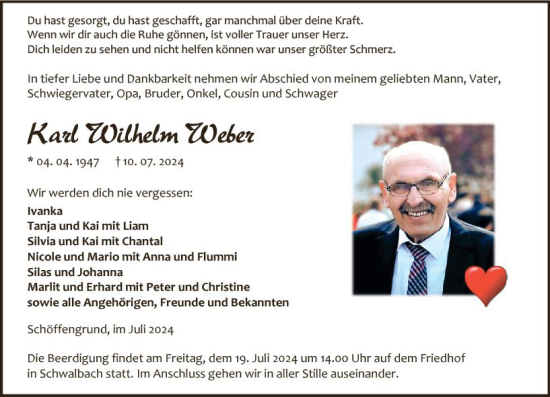 Traueranzeige von Karl Wilhelm Weber von Wetzlarer Neue Zeitung