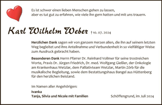 Traueranzeige von Karl Wilhelm Weber von Wetzlarer Neue Zeitung