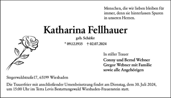 Traueranzeige von Katharina Fellhauer von Wiesbadener Kurier