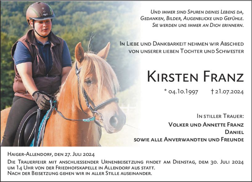  Traueranzeige für Kirsten Franz vom 27.07.2024 aus Dill Block