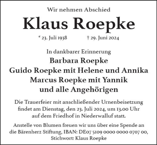 Traueranzeige von Klaus Roepke von Wiesbadener Kurier