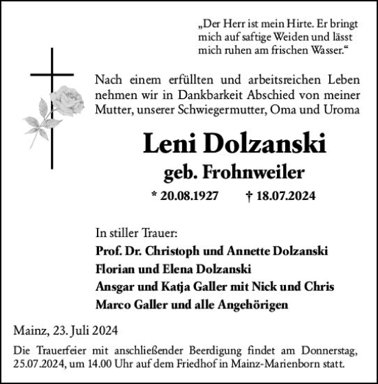 Traueranzeige von Leni Dolzanski von Allgemeine Zeitung Mainz