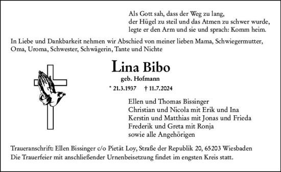 Traueranzeige von Lina Bibo von Wiesbadener Kurier