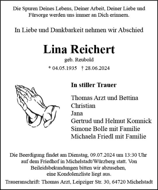 Traueranzeige von Lina Reichert von Odenwälder Echo