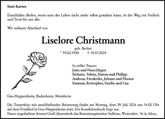 Traueranzeige von Liselore Christmann von Allgemeine Zeitung Alzey