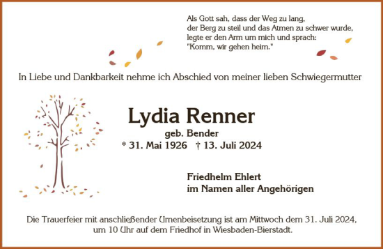 Traueranzeige von Lydia Renner von Wiesbadener Kurier