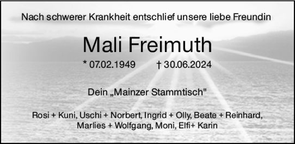  Traueranzeige für Mali Freimuth vom 06.07.2024 aus Allgemeine Zeitung Mainz