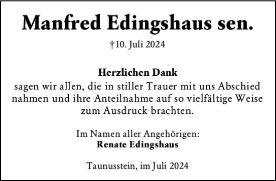 Traueranzeige von Manfred Edingshaus von Wiesbadener Kurier