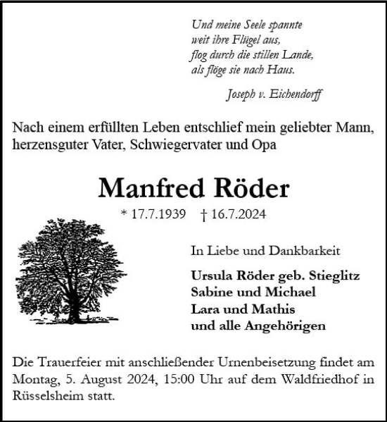 Traueranzeige von Manfred Röder von Rüsselsheimer Echo