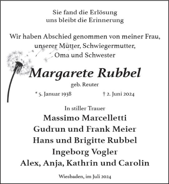 Traueranzeige von Margarete Rubbel von Wiesbadener Kurier