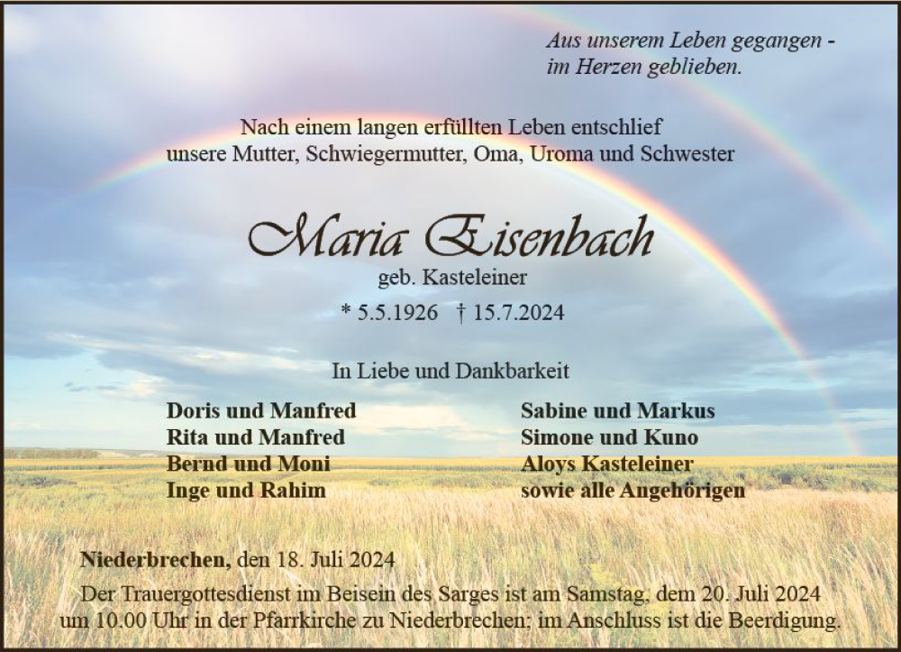  Traueranzeige für Maria Eisenbach vom 18.07.2024 aus Nassauische Neue Presse