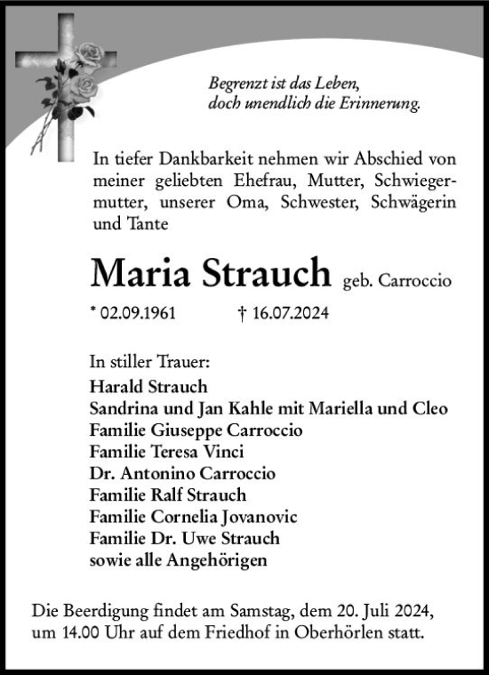 Traueranzeige von Maria Strauch von Hinterländer Anzeiger