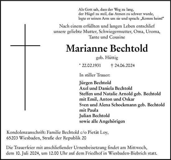 Traueranzeige von Marianne Bechtold von Wiesbadener Kurier