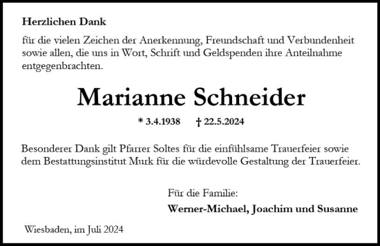 Traueranzeige von Marianne Schneider von Wiesbadener Kurier