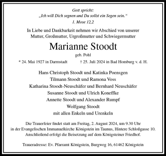 Traueranzeige von Marianne Stoodt von Darmstädter Echo